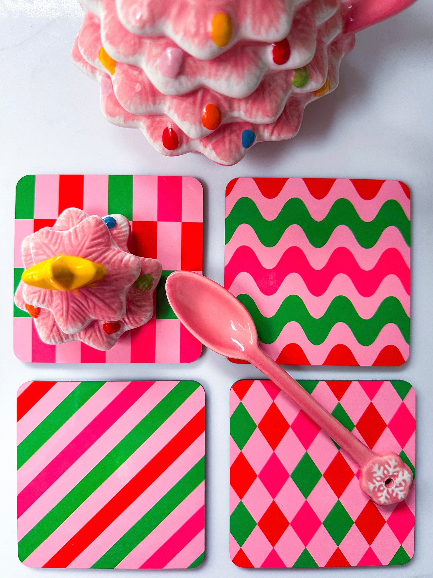 ‘Abstract mix’ Christmas coasters in pink, red and green