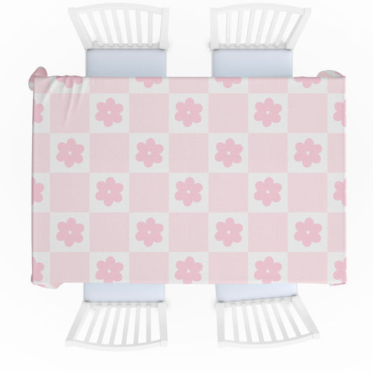 Daisy checkerboard tablecloth in pastel pink colour 