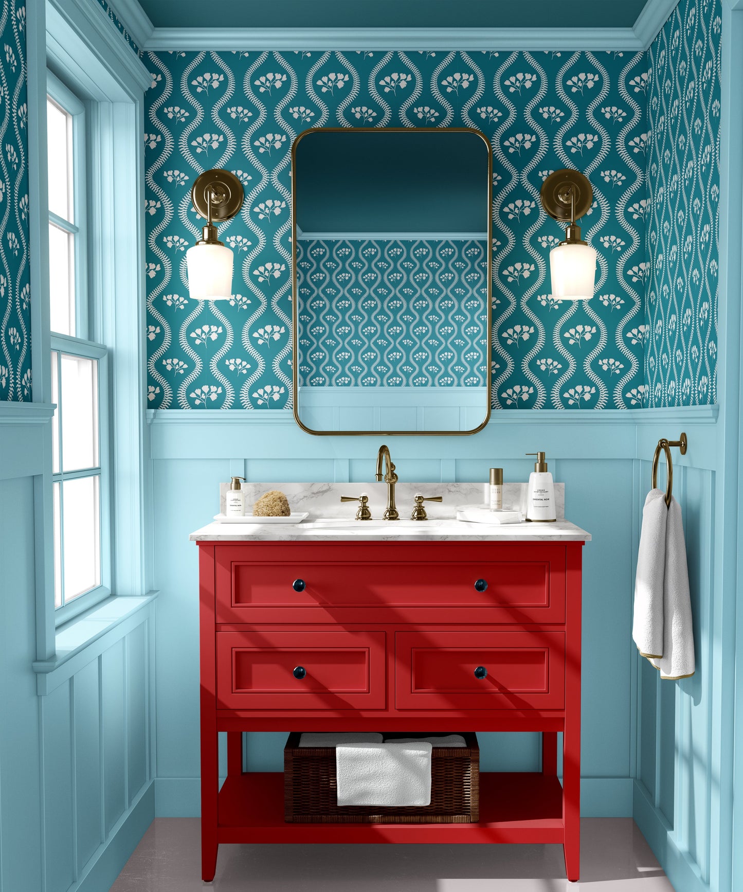 botanical wallpaper in teal blue colour, modern luxury wallpaper