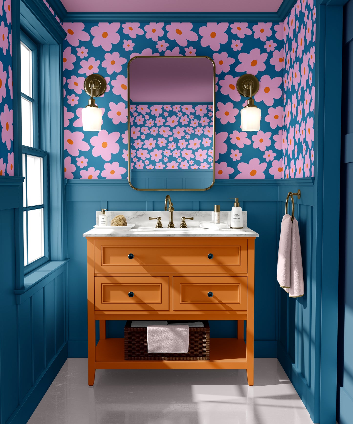 Hello Petal daisy wallpaper in peacock blue bathroom wallpaper maximalist interior peel and stick wallpaper