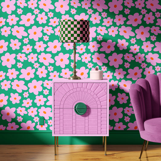 Hello Petal wallpaper in green, daisy wallpaper for girls bedroom teenager colourful maximalist home decor peel and stick wallpaper