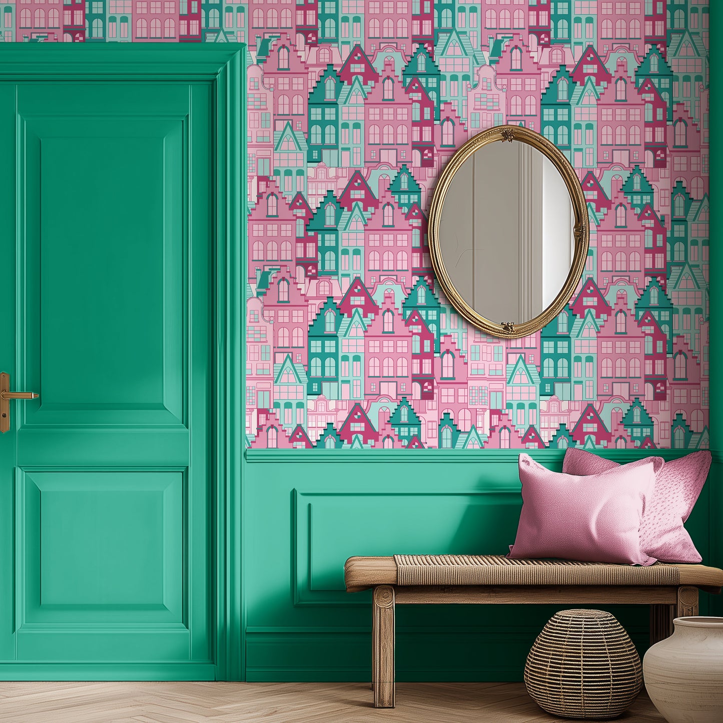 house motif wallpaper, best colourful elegant modern wallpaper, city motif, london town, big city wall covering for office, hallway