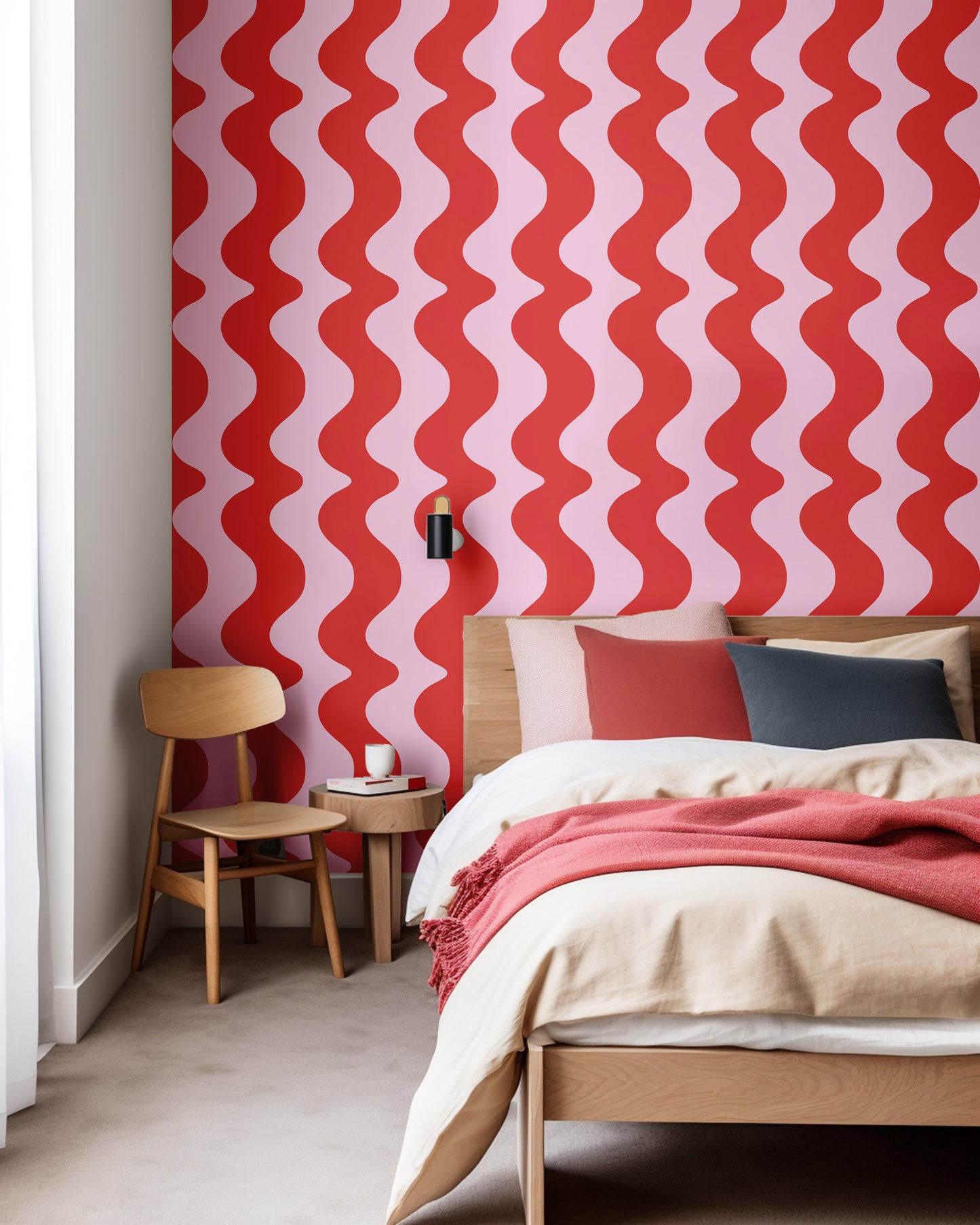 Scandi wavy wallpaper in pink and red colours 