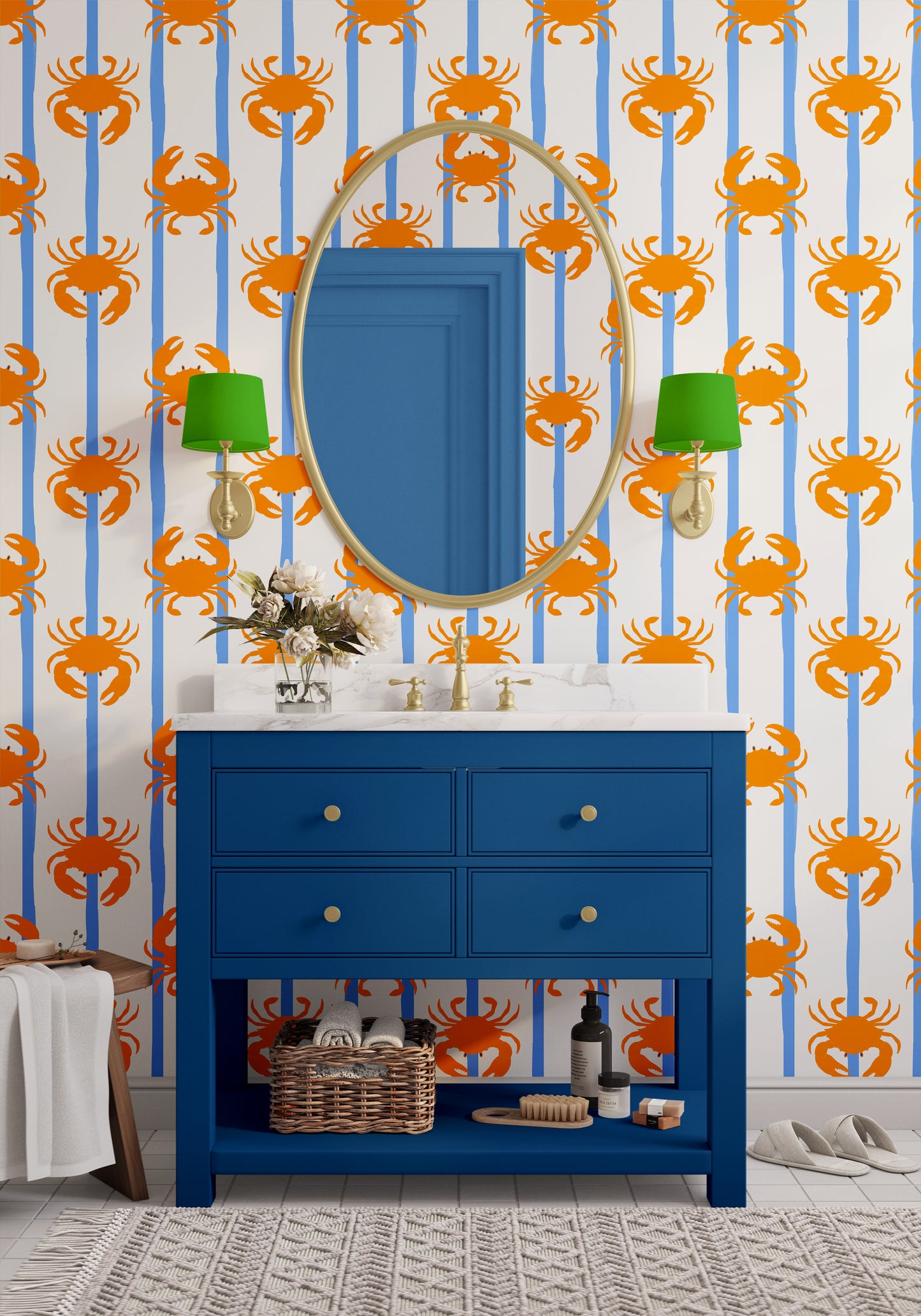 crab nautical wallpaper orange and blue for bathroom kids room or wet room