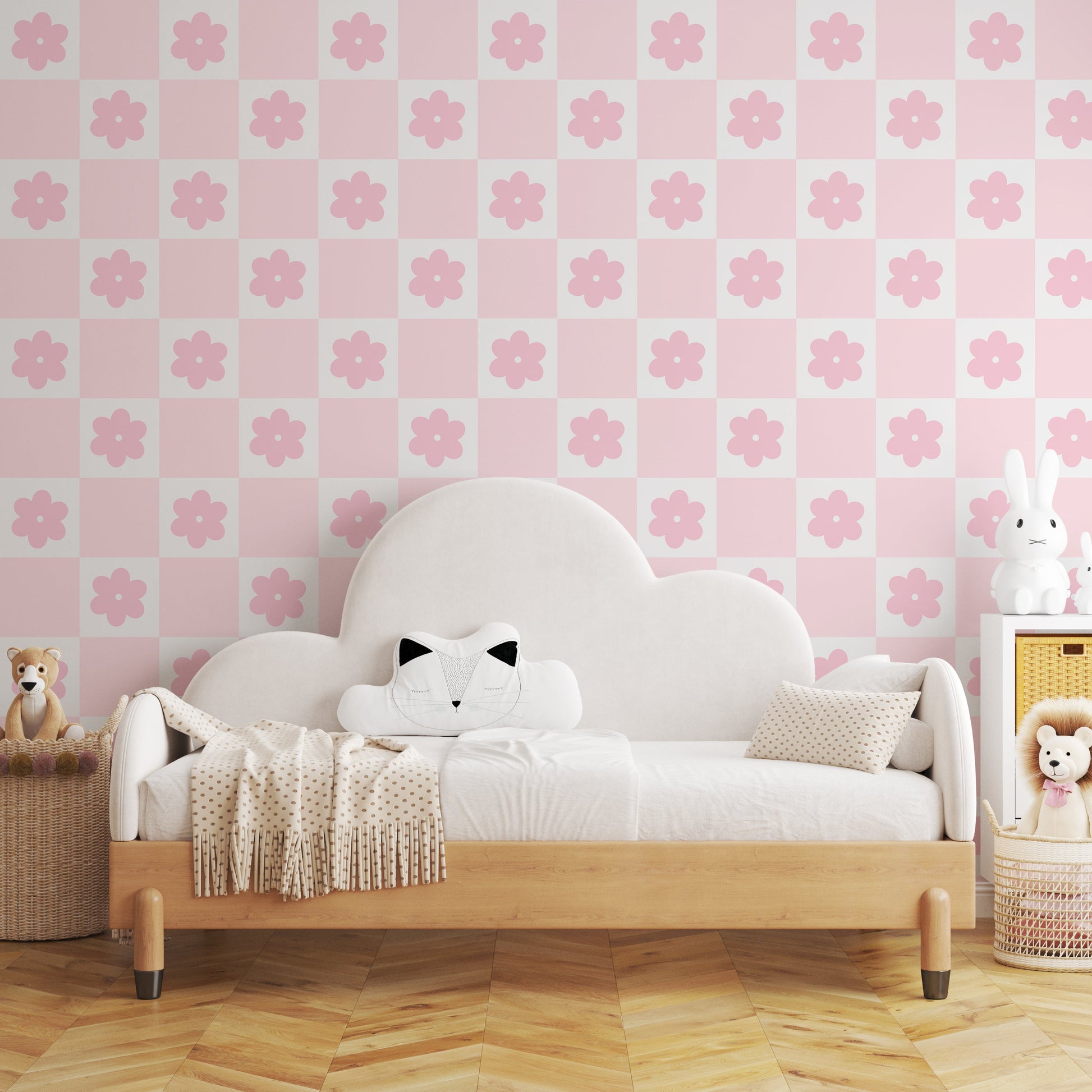 Pink daisy checkered wallpaper for girls room