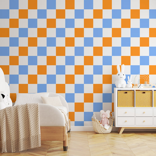 ‘Checkmate’ Checkerboard Wallpaper in Scandi Blue and Orange