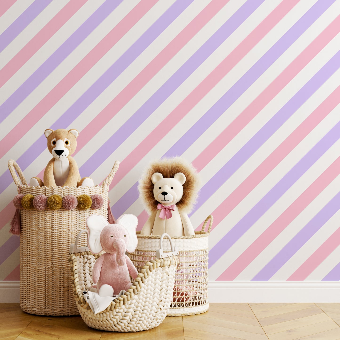 Modern girls wallpaper with diagonal stripes in pink and purple 