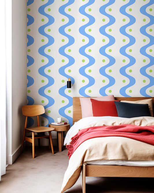 wavy wallpaper with polka dots in cornflower blue and pea green colours