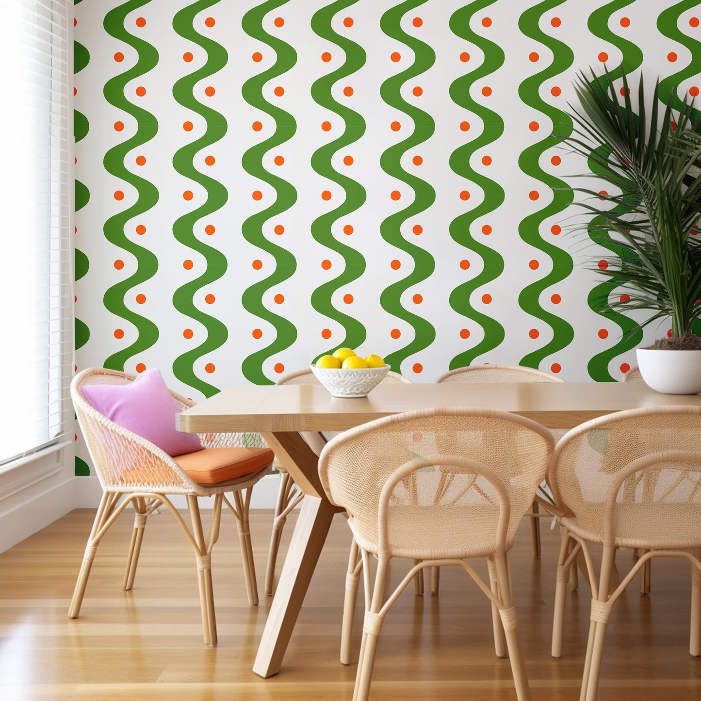 Wavy wallpaper for dining room in green and orange colours 