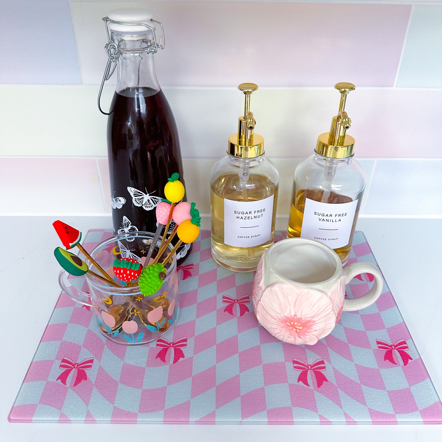 Ribbons and Checks Glass Chopping Board |Glass Worktop Saver in medium or large size