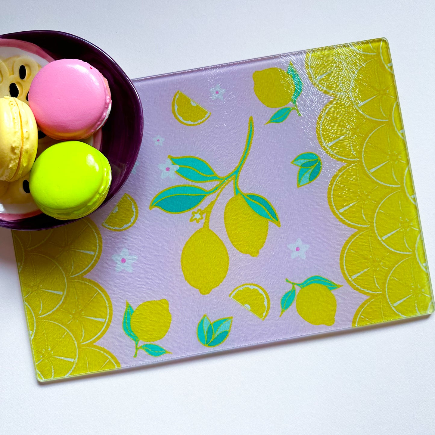 lemon worktop saver cutting board in yellow and pink colours