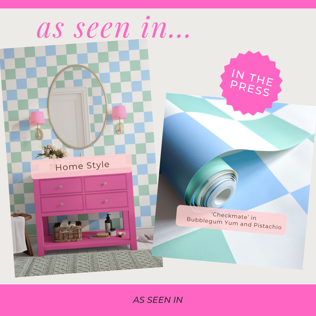‘Checkmate’ Checkerboard Wallpaper in Bubblegum Yum and Pistachio | Checkered wallpaper in soft blue and green