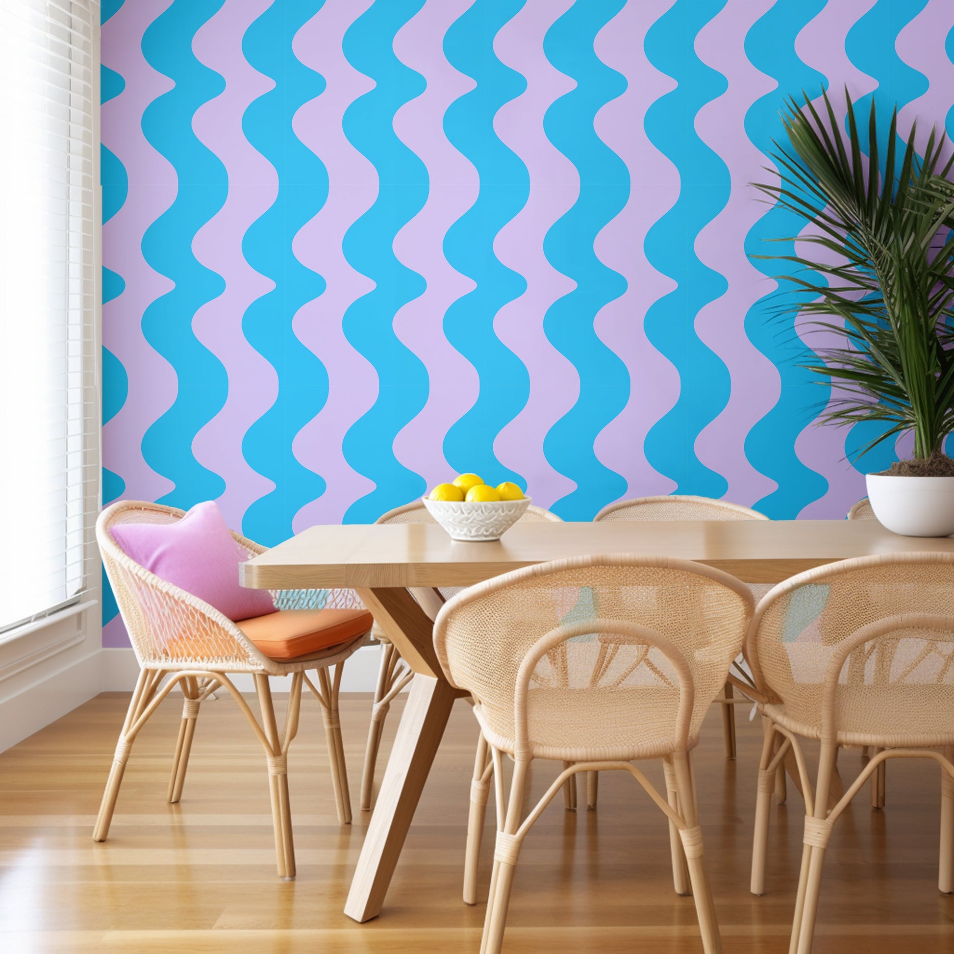 Wavy interior wallpaper in turquoise and lavender colours for dining room 