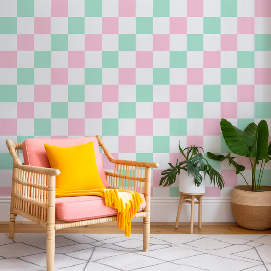 Pink and mint green interior wallpaper with checkered pattern for bedroom and living room