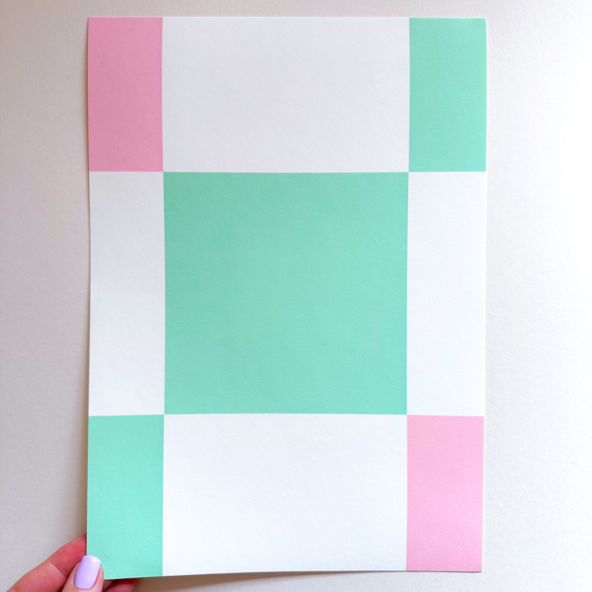 Mint green and pink bedroom wallpaper with checkered pattern 