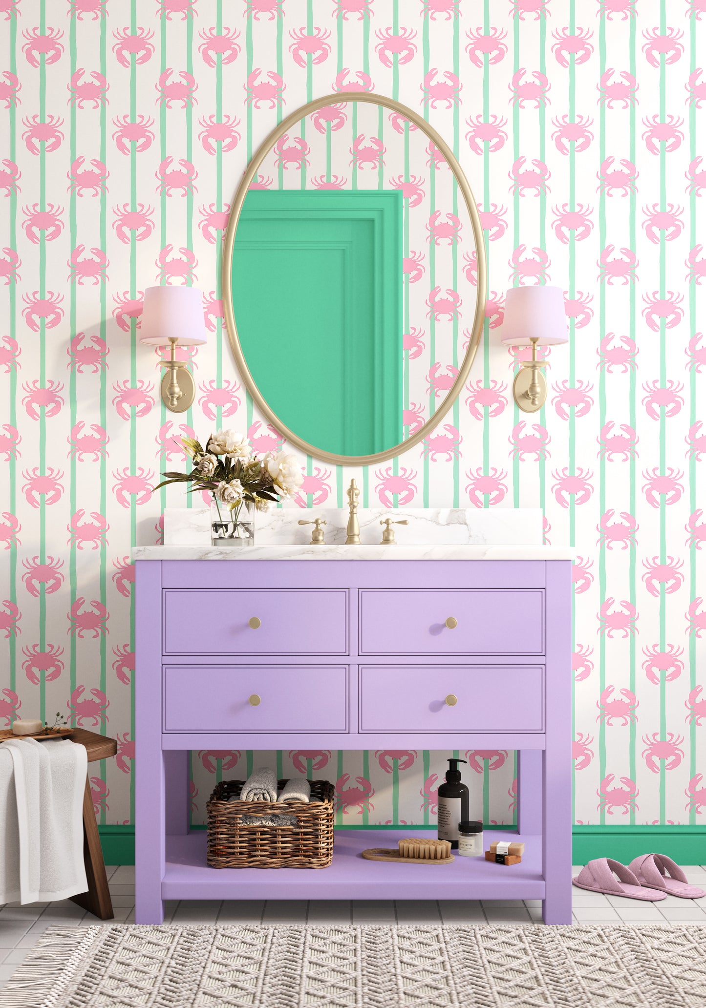 ‘Don’t Be Crabby’ Crabs Wallpaper in Pink with Mint Green stripes | Crabs wallpaper in pink and green