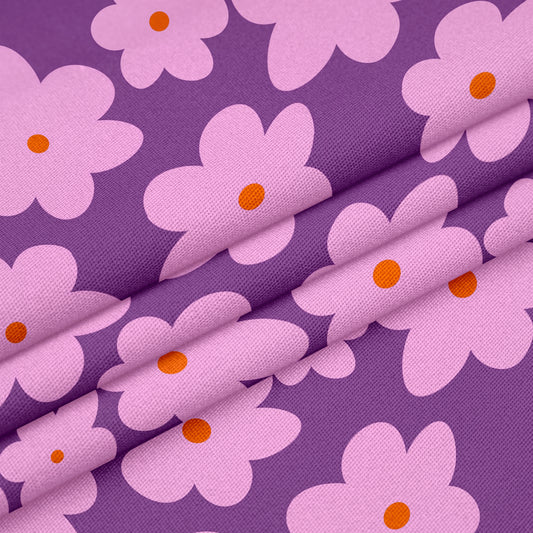 Daisy fabric in pink colour, mauve background designer fabric 