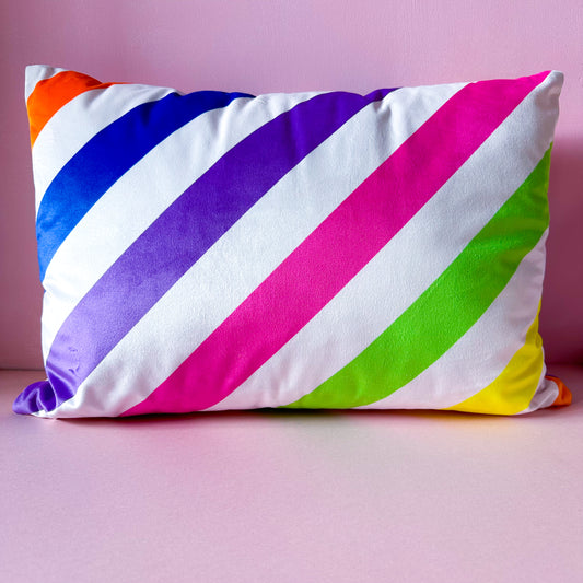 neon rainbow velvet cushion UK for bedroom living room girls colourful bedroom