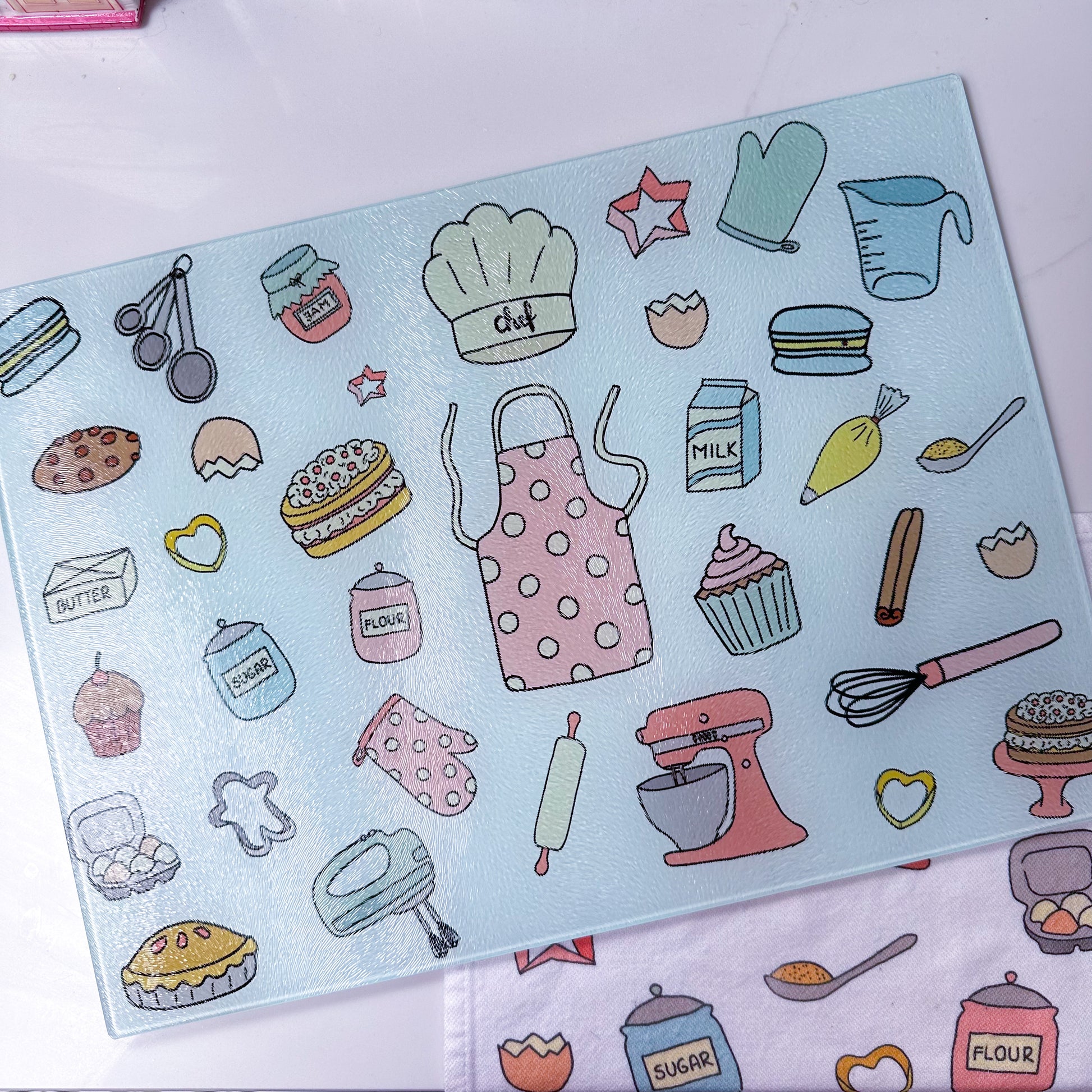 Gift for mum kitchen accessories cutting board worktop saver with retro pastel kitchen design 