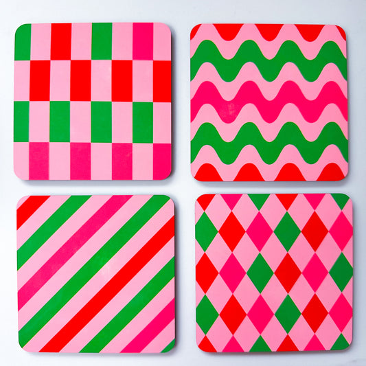 ‘Abstract mix’ Christmas coasters in pink, red and green