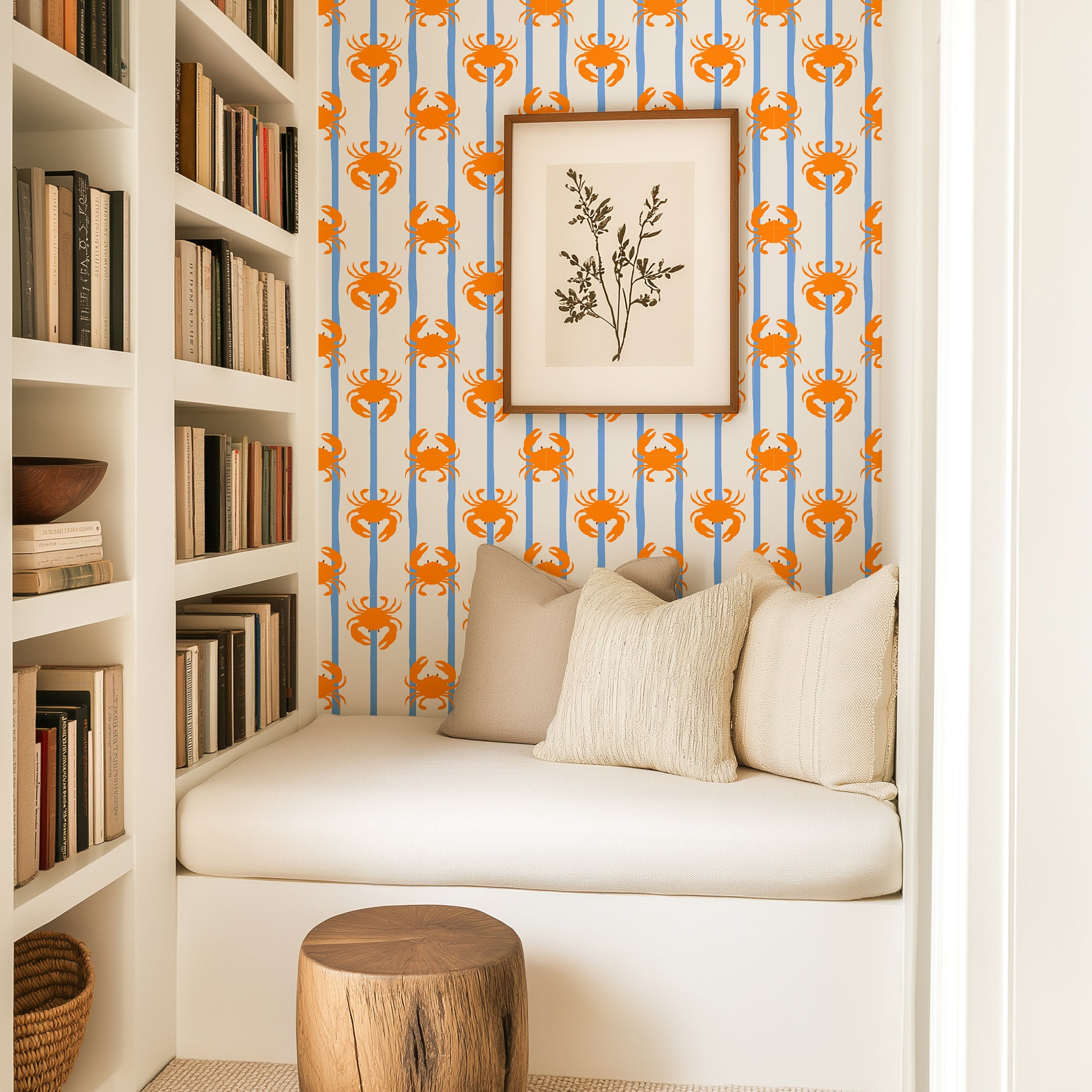 Orange and blue wallpaper with crab seaside pattern for living room, bathroom, interiors 