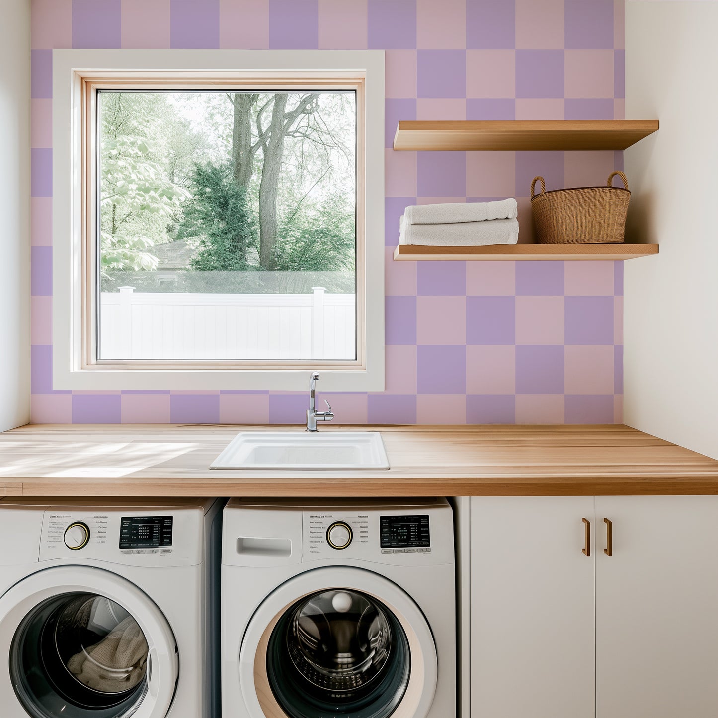 ‘Checkmate’ Checkerboard Wallpaper in Lavender and Pink Champagne