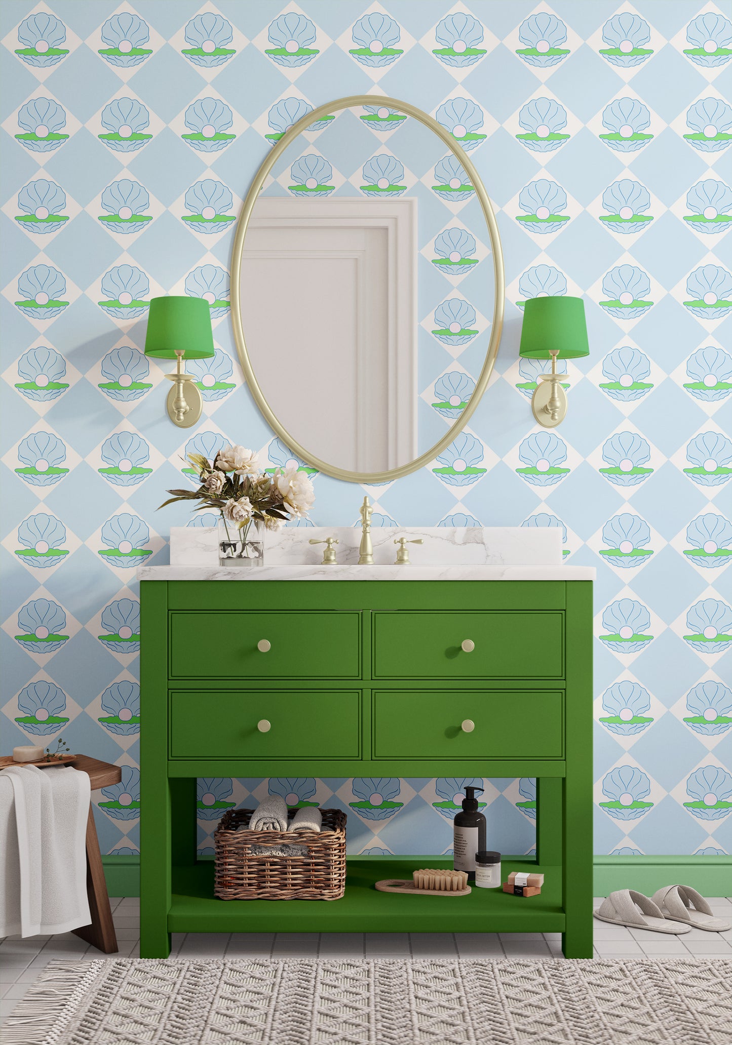 shell wallpaper for bathroom walls in blue and green colours