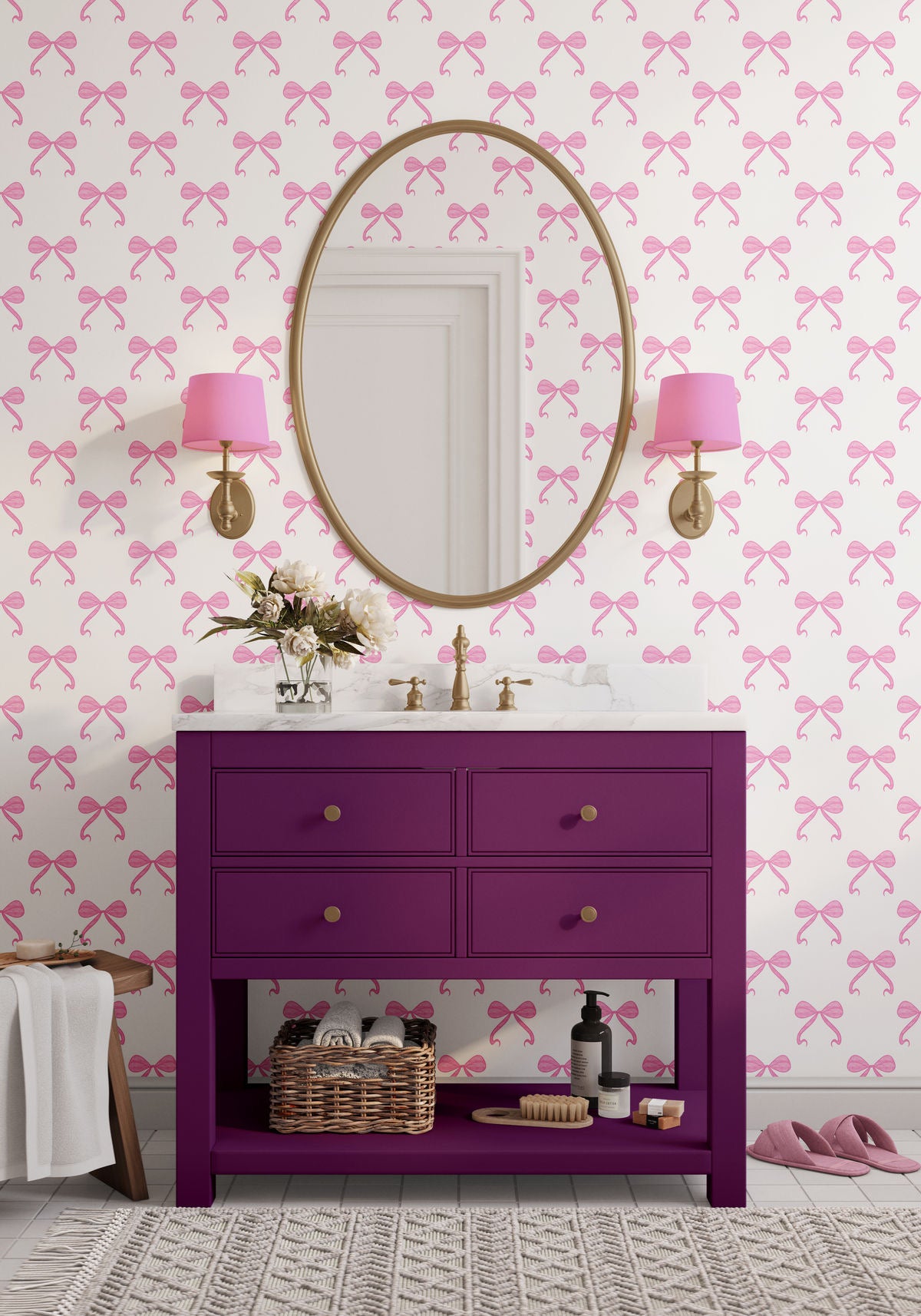 'A Bowtiful Day' Wallpaper in Pink | Pink Watercolour Coquette Bows wallpaper