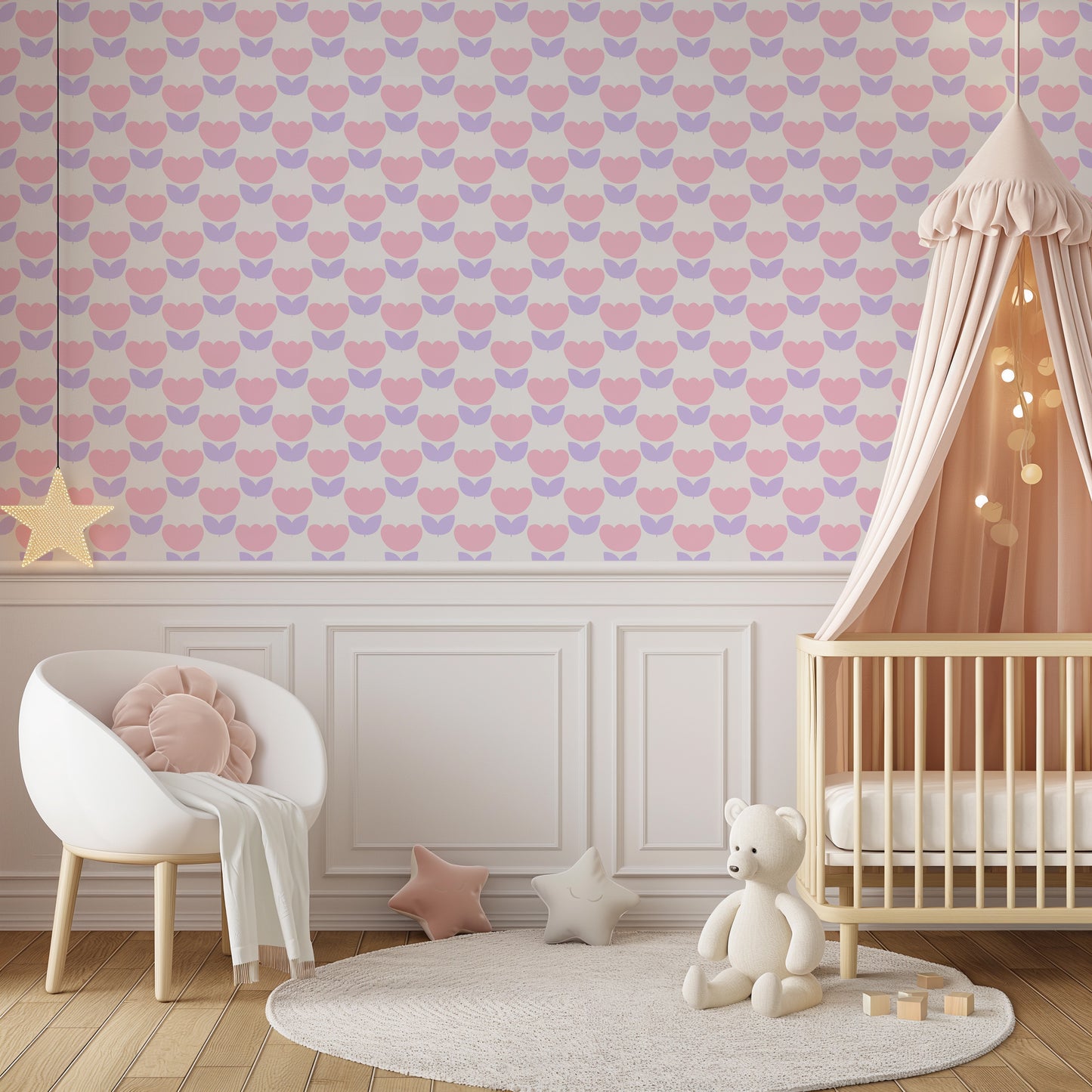 Pastel wallpaper with tulips for nursery baby room