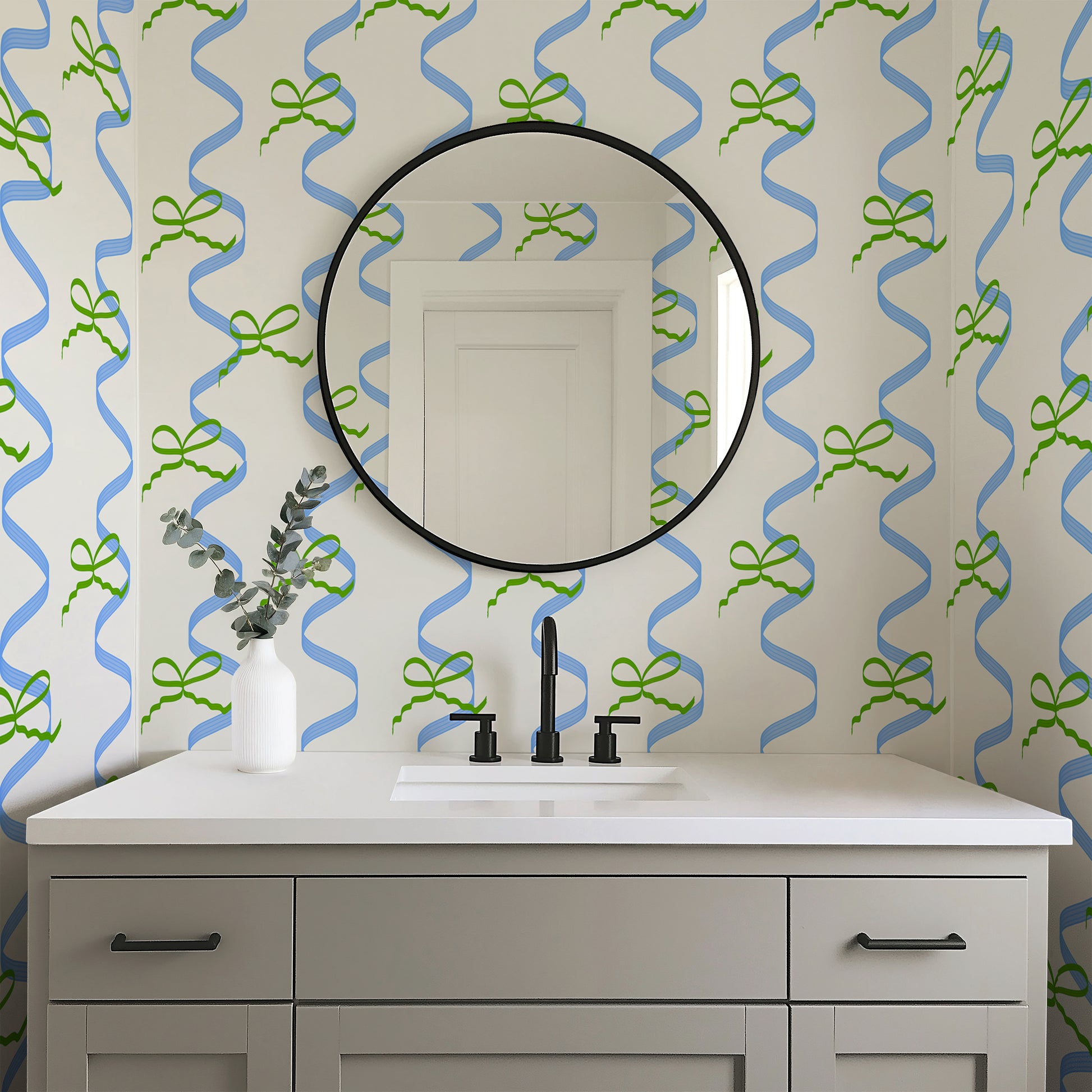 bows and ribbons wallpaper in blue and green colour bathroom living room colourful maximalist home