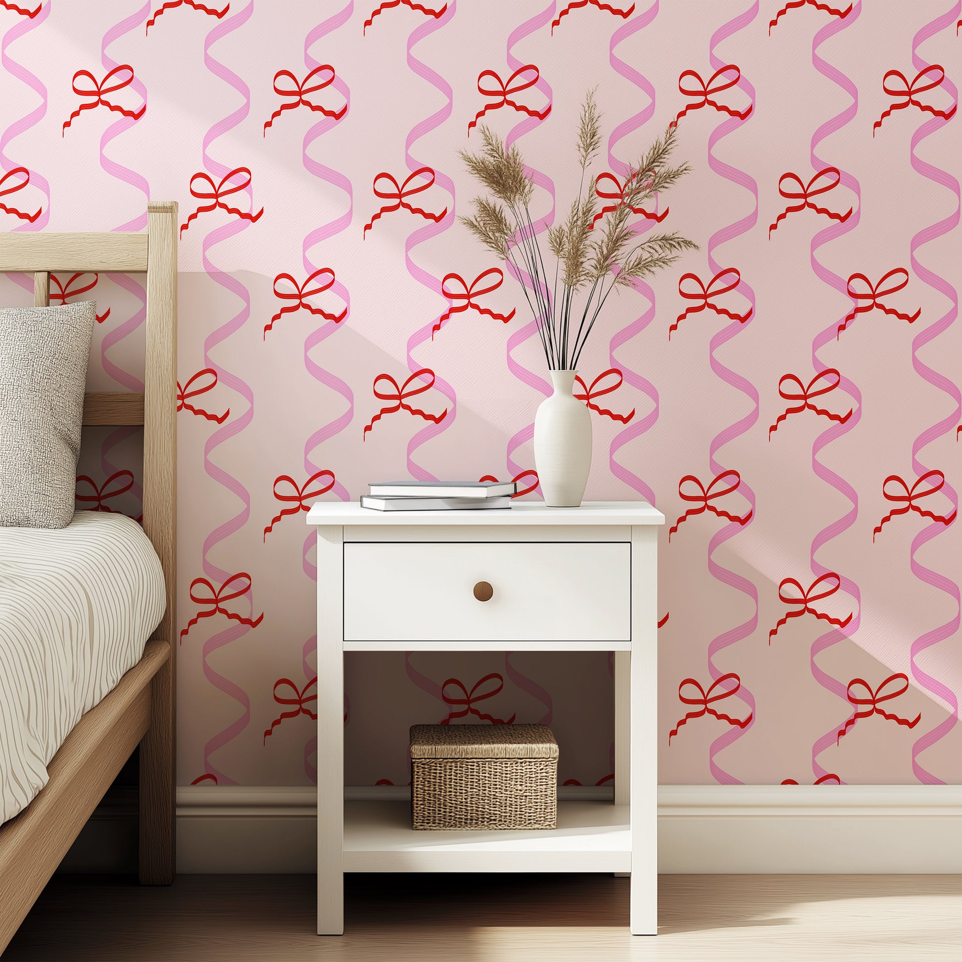 bows and ribbons wallpaper in pink and red colours for bedroom living room girls room hallway toilet bathroom colourful interior