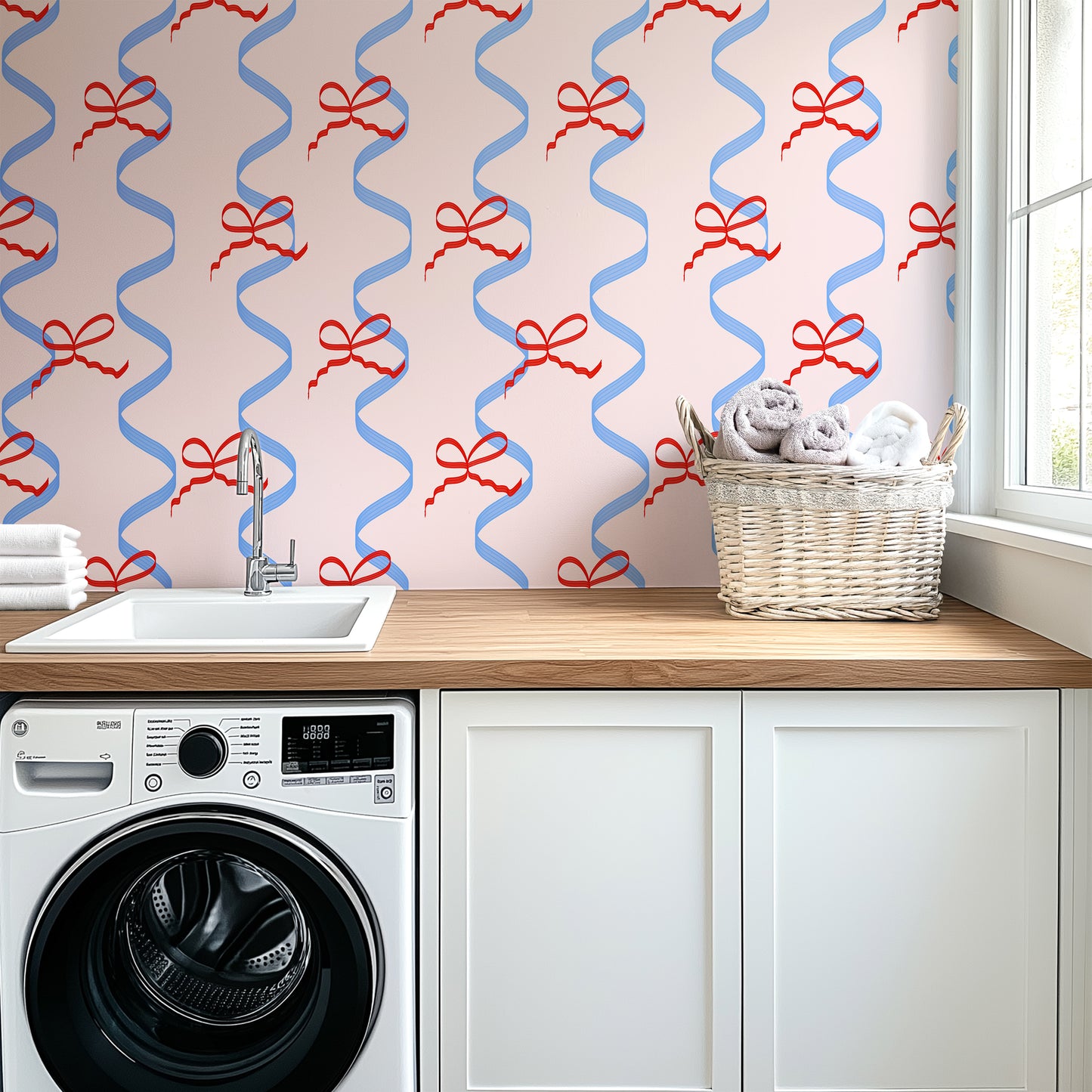 ribbons and bows wallpaper in blue red and pink colours girls room bedroom laundry bathroom maximalist interior