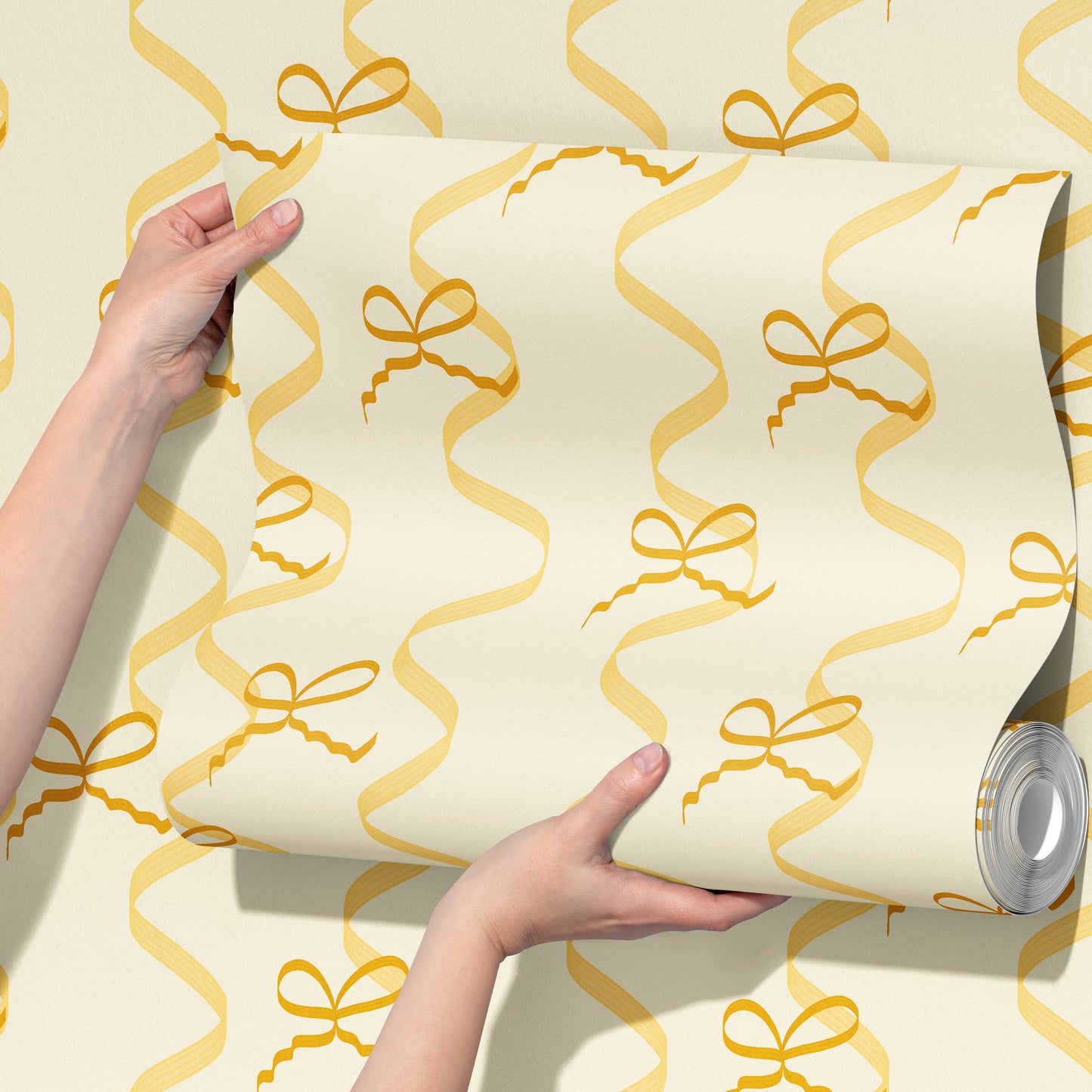 bows and ribbons wallpaper roll in yellow colour