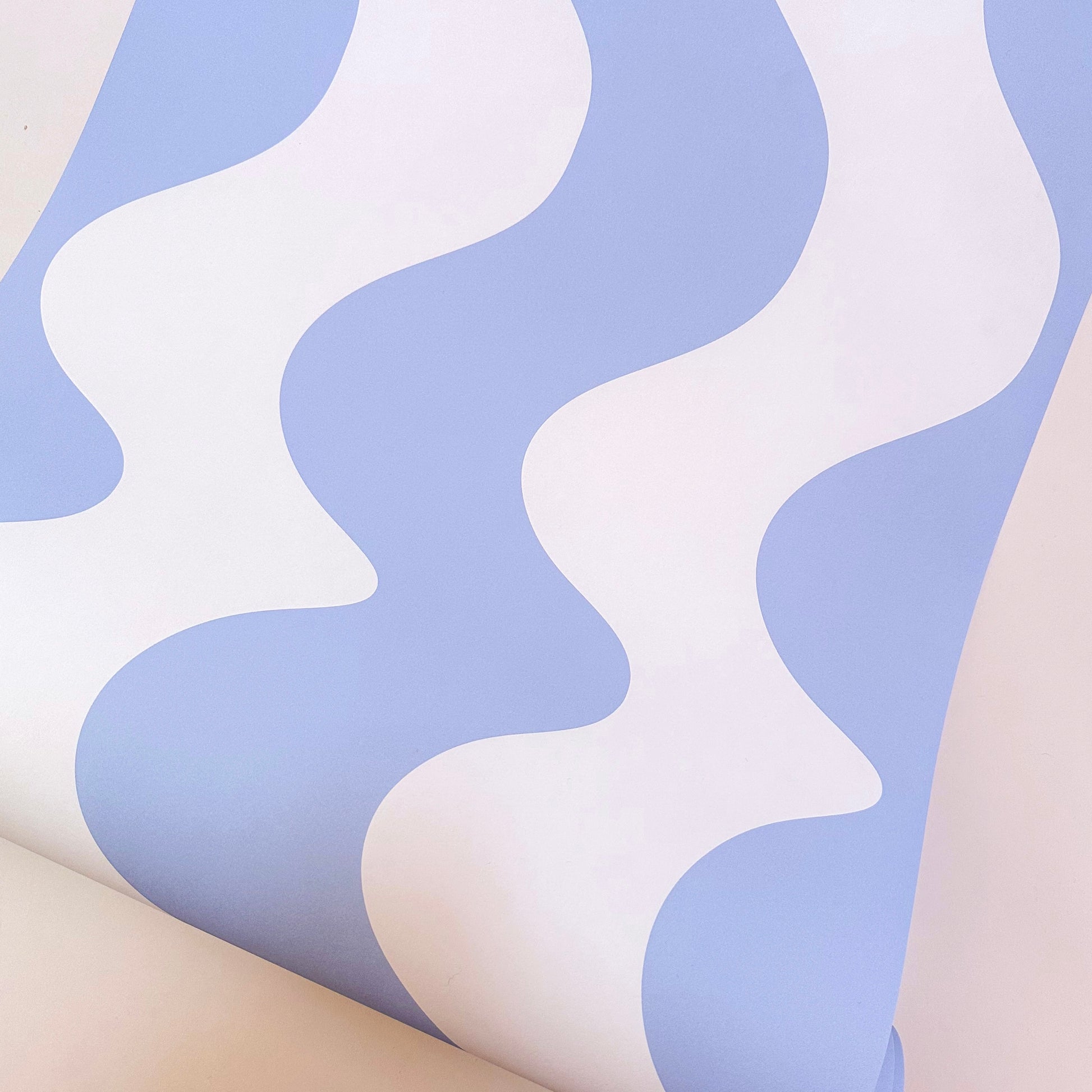 wavy wallpaper in pastel blue colour colourful maximalist interior hallway kitchen bedroom living room