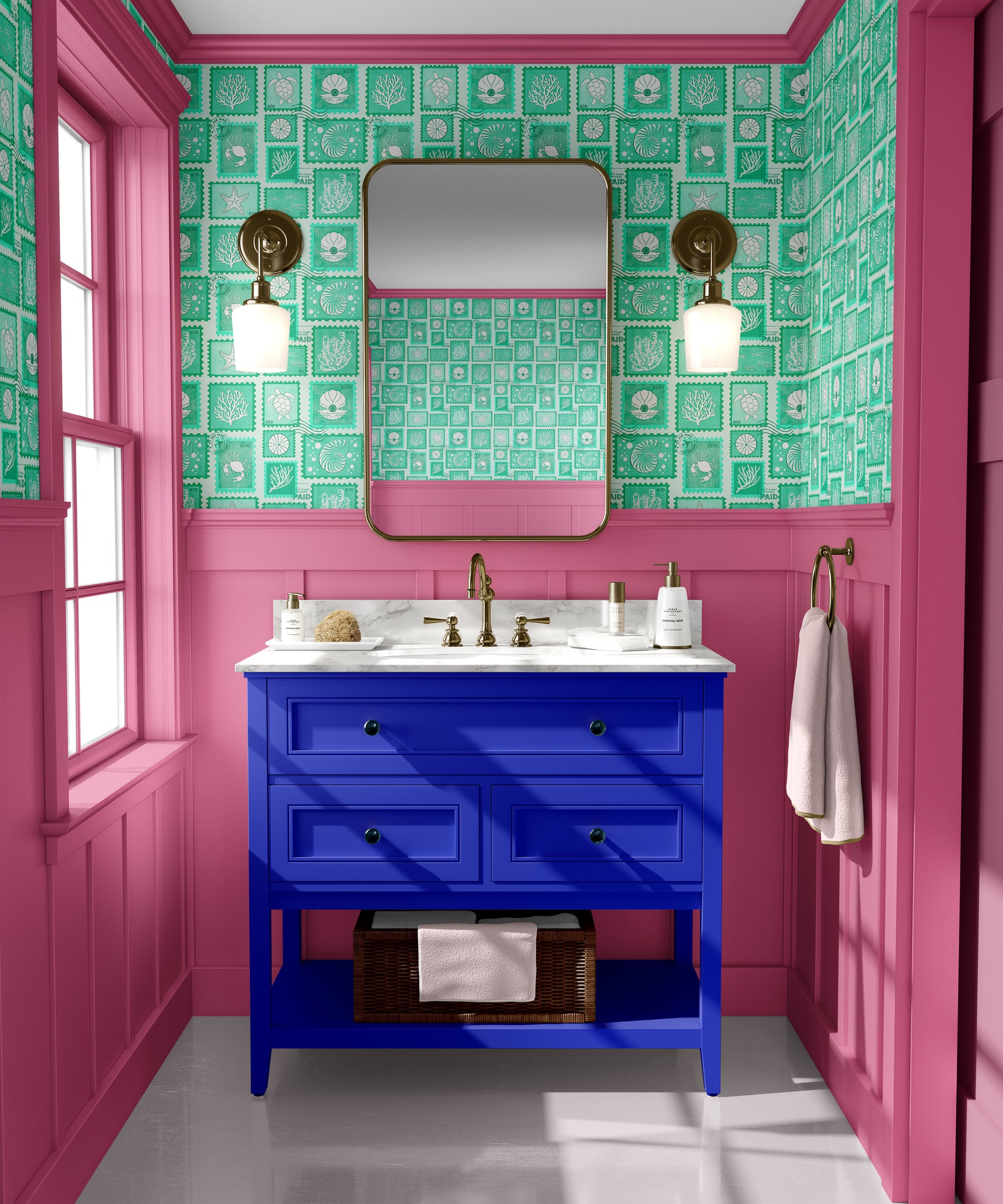 stamps wallpaper with fish, crabs, sea shells and corals in mint green colour