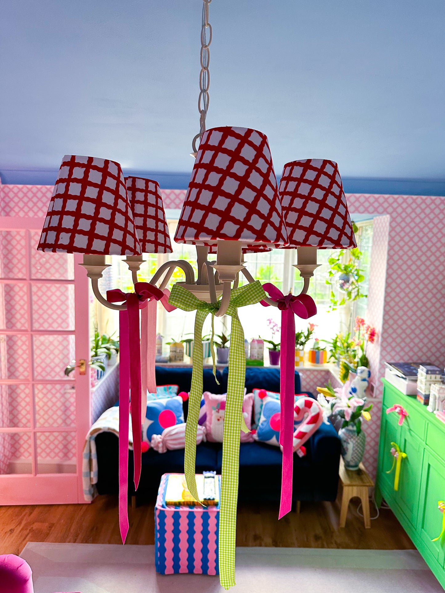 Custom candle clip shades for hotels, Small patterned lamp shades in red colour,  Statement lamp shades for hospitality, Trendy lamp shade designs, Red and white lamp shade pattern 