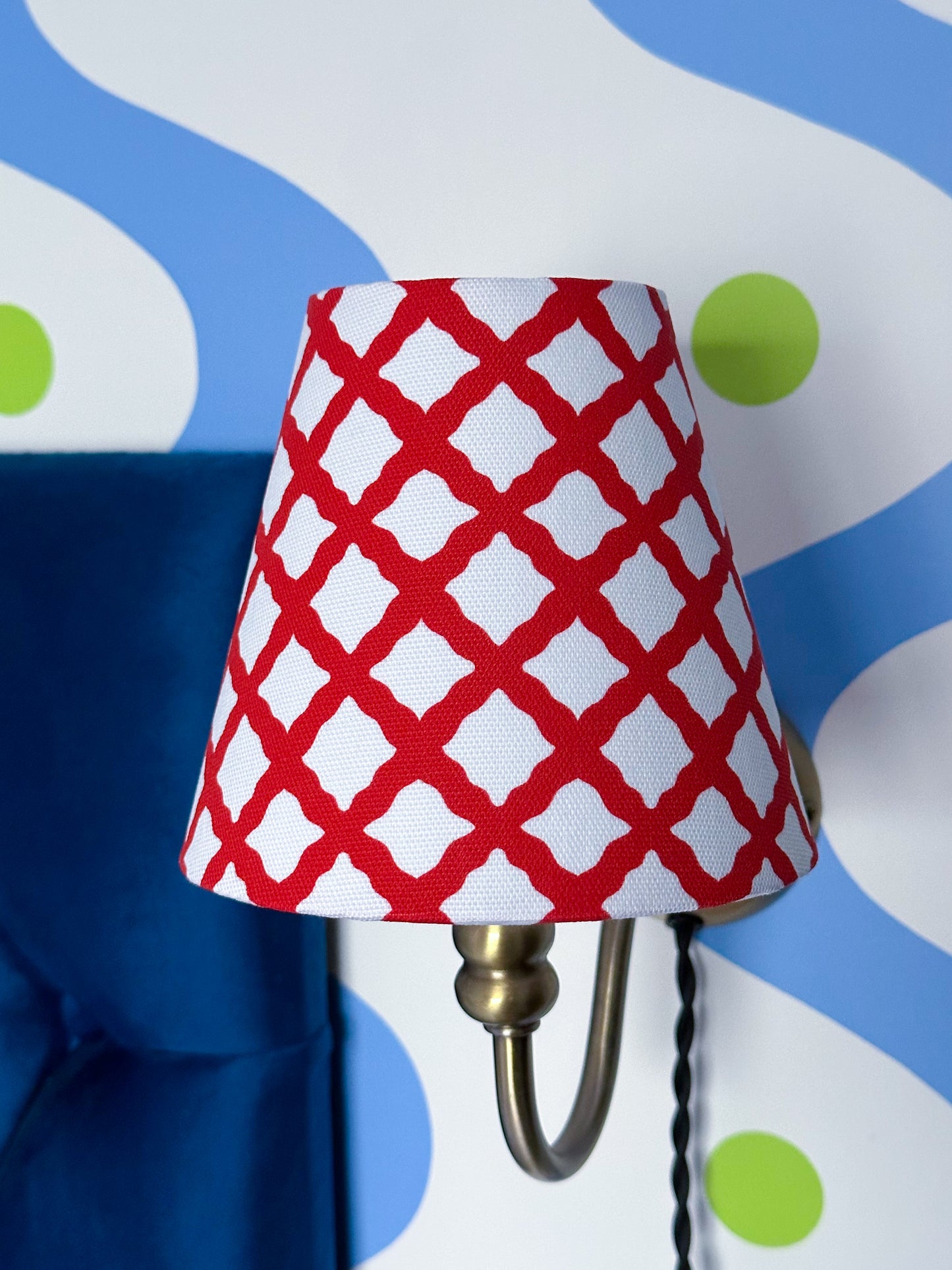 Red and white patterned lampshade, candle lampshade, candle clip lamp shade, small wall lampshade, red trellis lampshade 