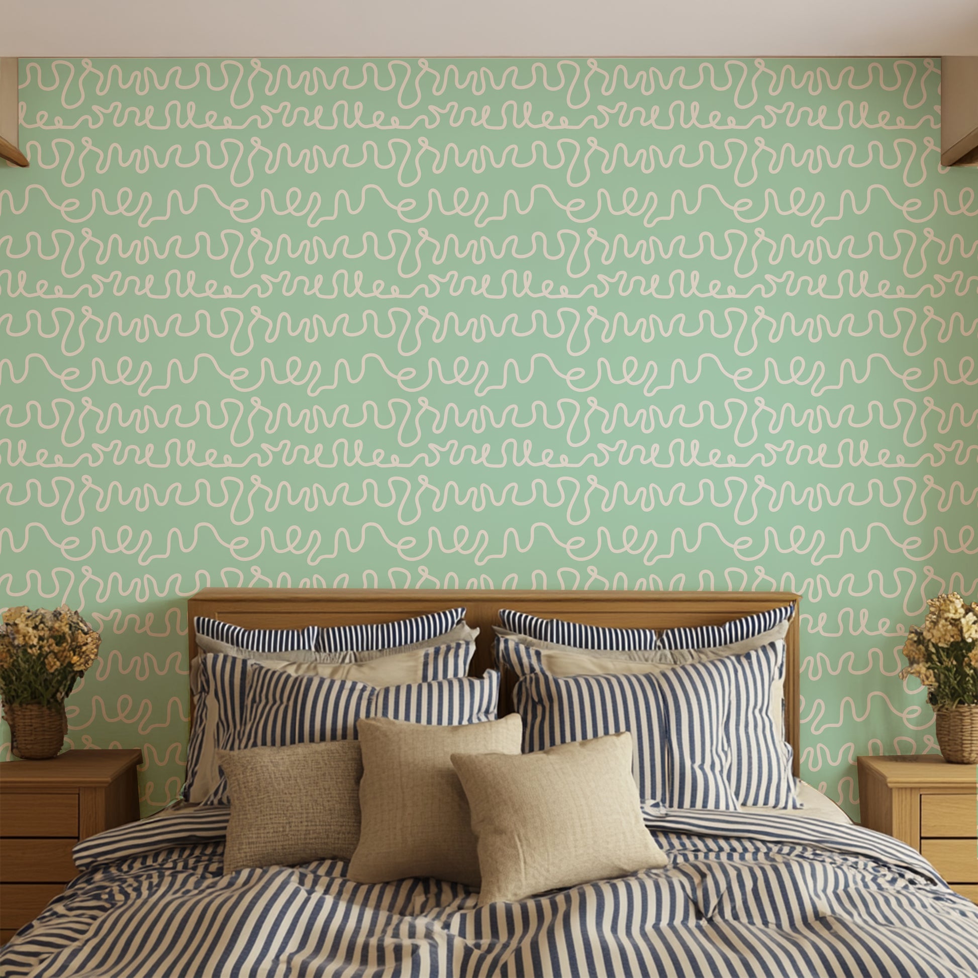 mint green wallpaper with abstract design pastel bedroom