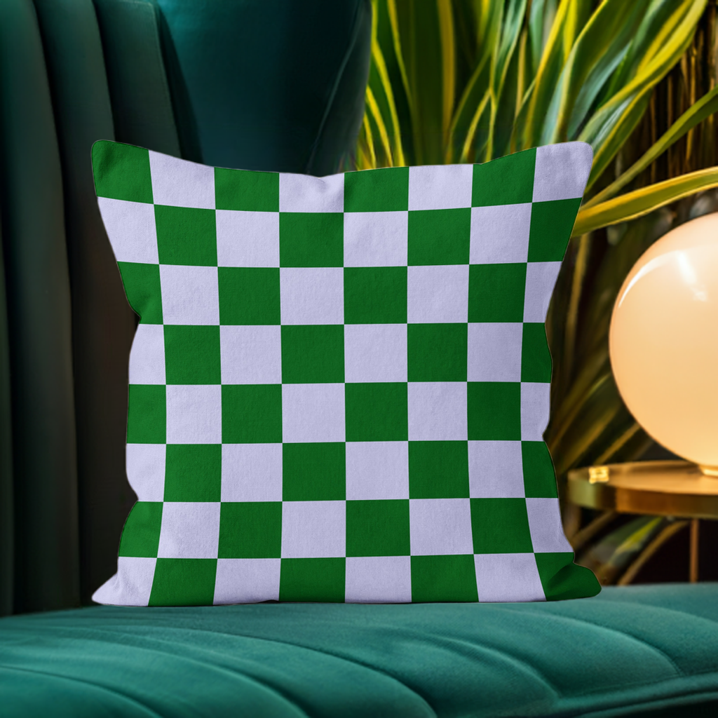 green and lilac velvet cushion with checkerboard design perfect colourful maximalist home decor