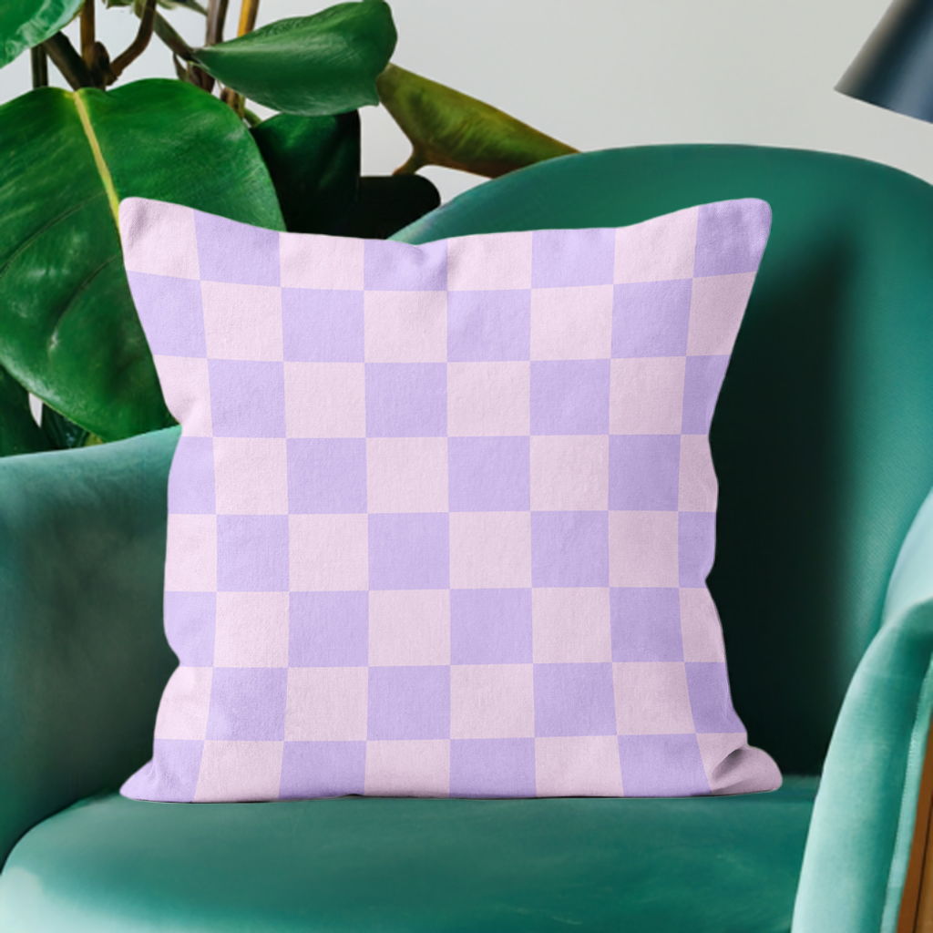 lilac and pink cushion with checkerboard design pastel home decor