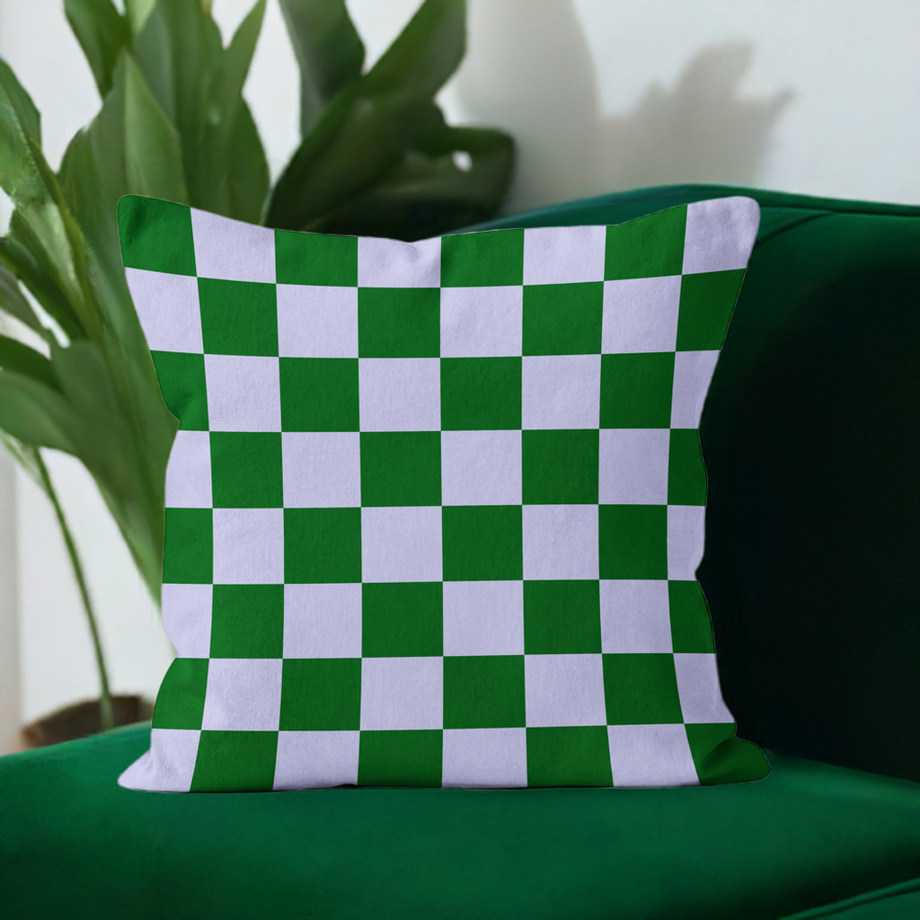 forest green and lilac velvet cushion with checkerboard design perfect colourful maximalist home decor