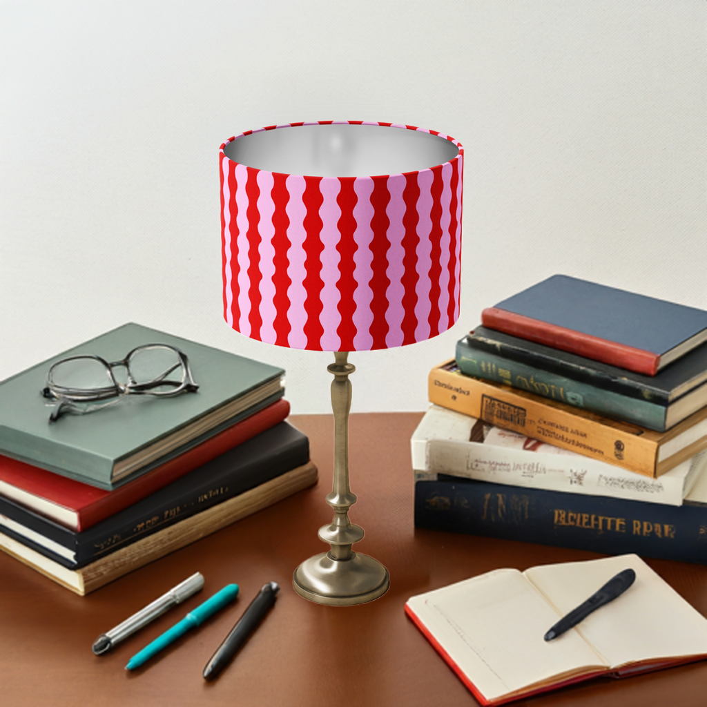 red and pink wavy lampshade made from velvet, perfect for desk, bedside table lamp