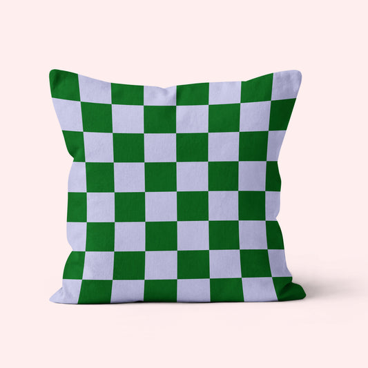 checkerboard cushion in green and purple lilac lavender colours vintage retro home style