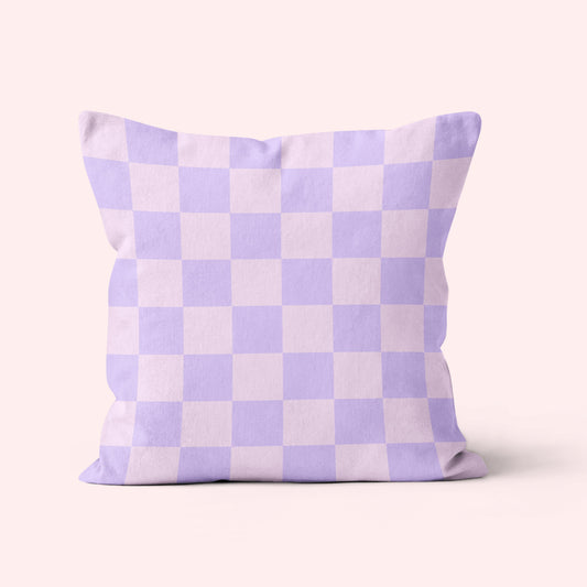 checkerboard velvet cushion in pink and lilac colours vintage retro home accessories