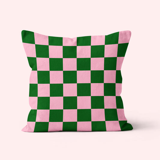 checkerboard cushion in pink and green colours vintage retro style home decor