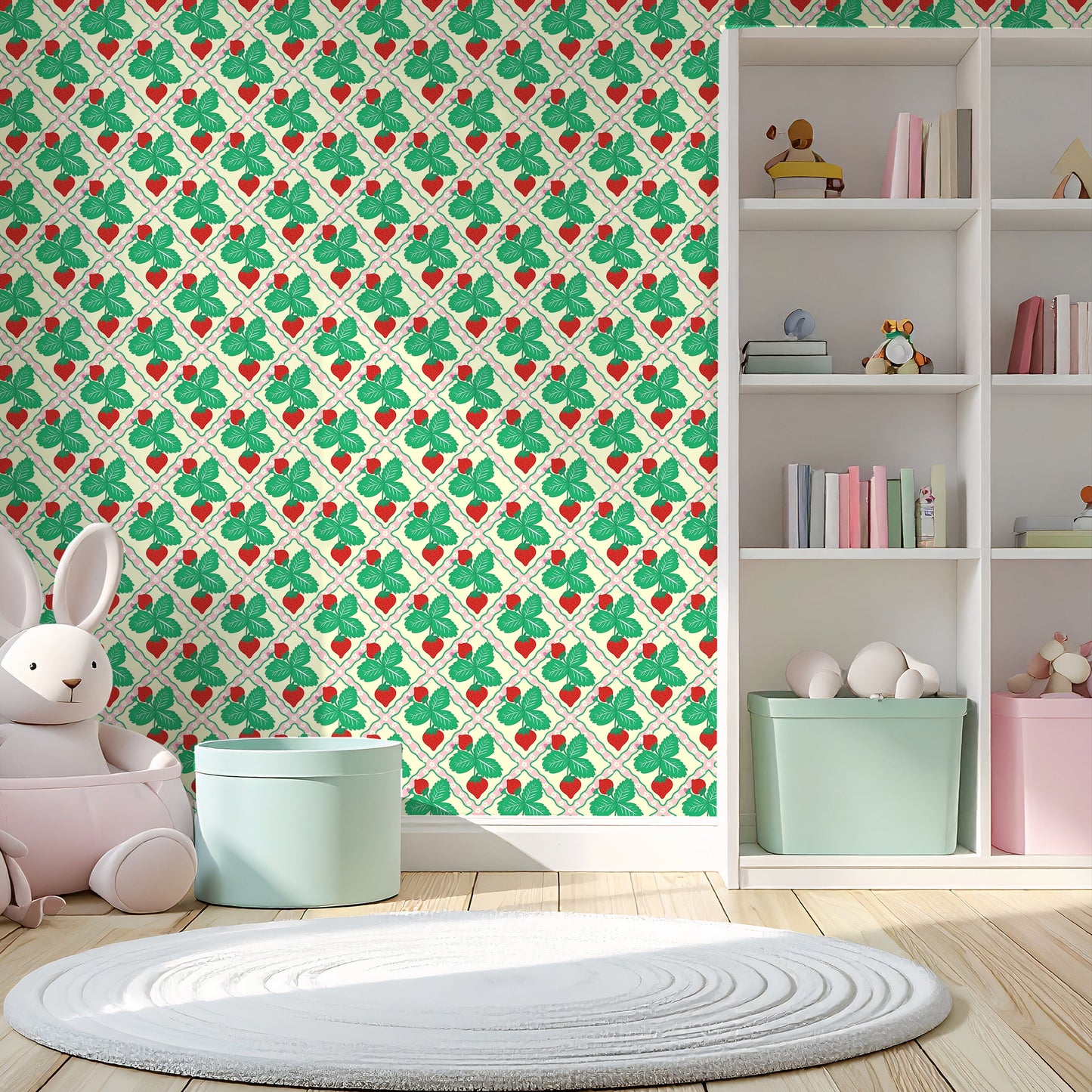 strawberry wallpaper in yellow, green red and pink for nursery kids bedroom baby room pastel interior home decor