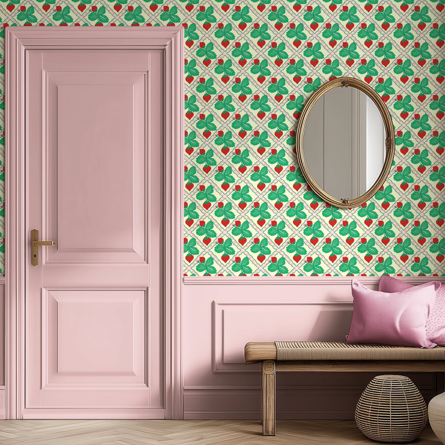 strawberry hallway wallpaper, cottage core wallpaper, modern quirky wallpaper, funky wall coverings, cottage room 