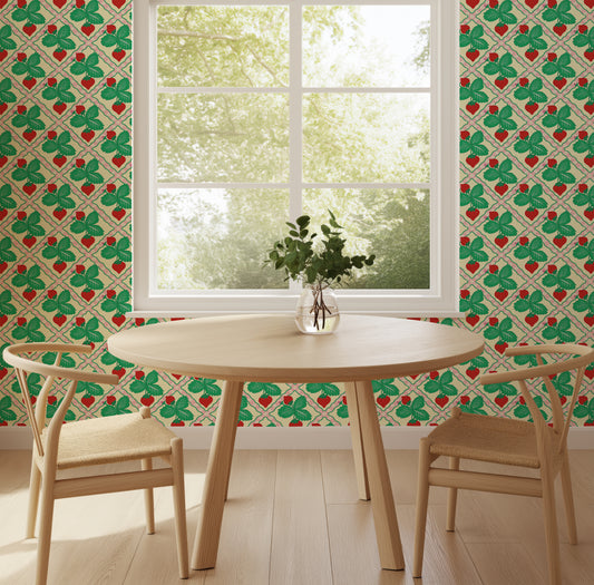 strawberry wallpaper on yellow background, pink trellis design with flowers, kitchen, dining room wallpaper