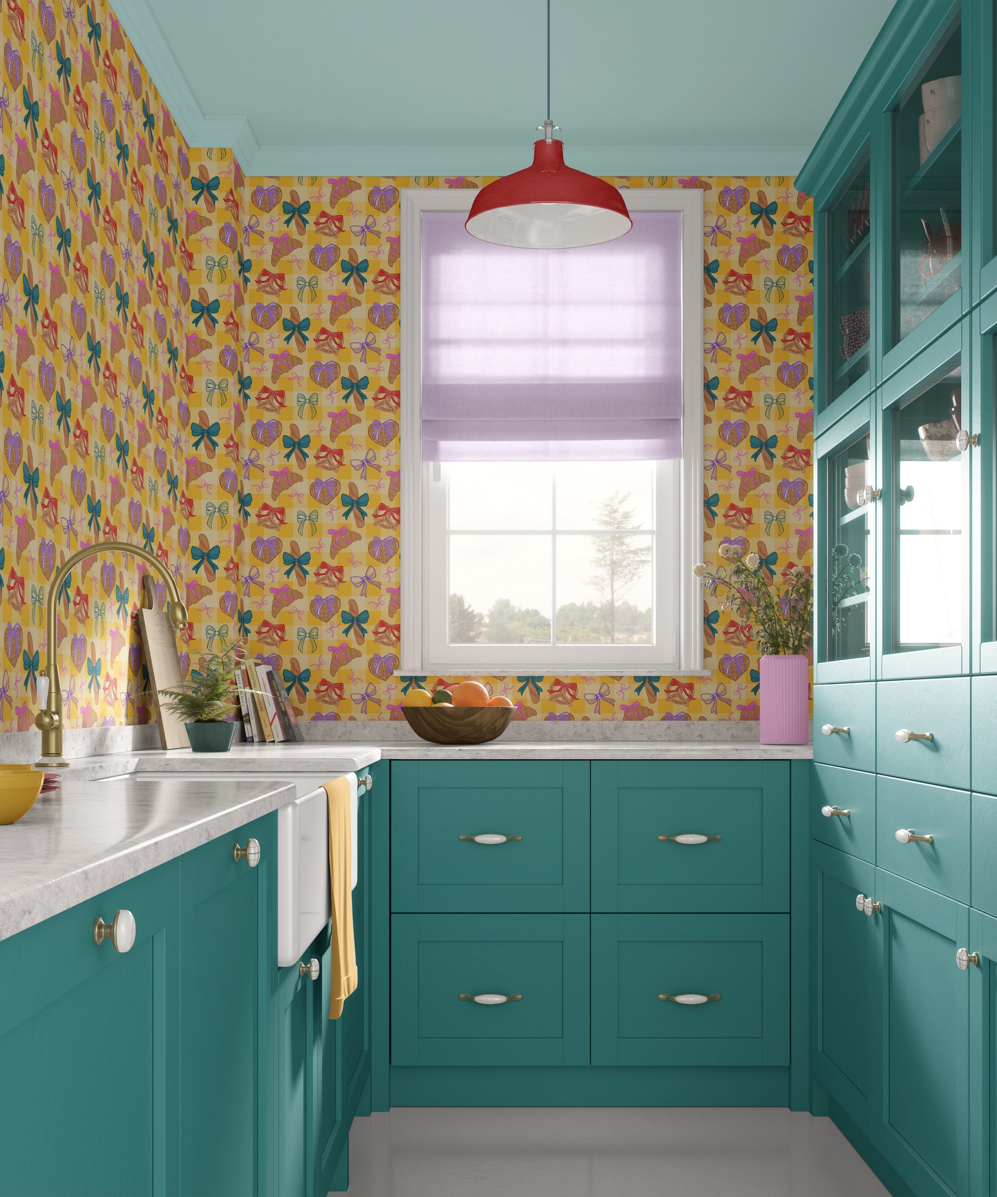 quirky fun wallpaper with pastries, pretzel, ribbons, waffles, croissants for kitchens, bakeries, restaurants