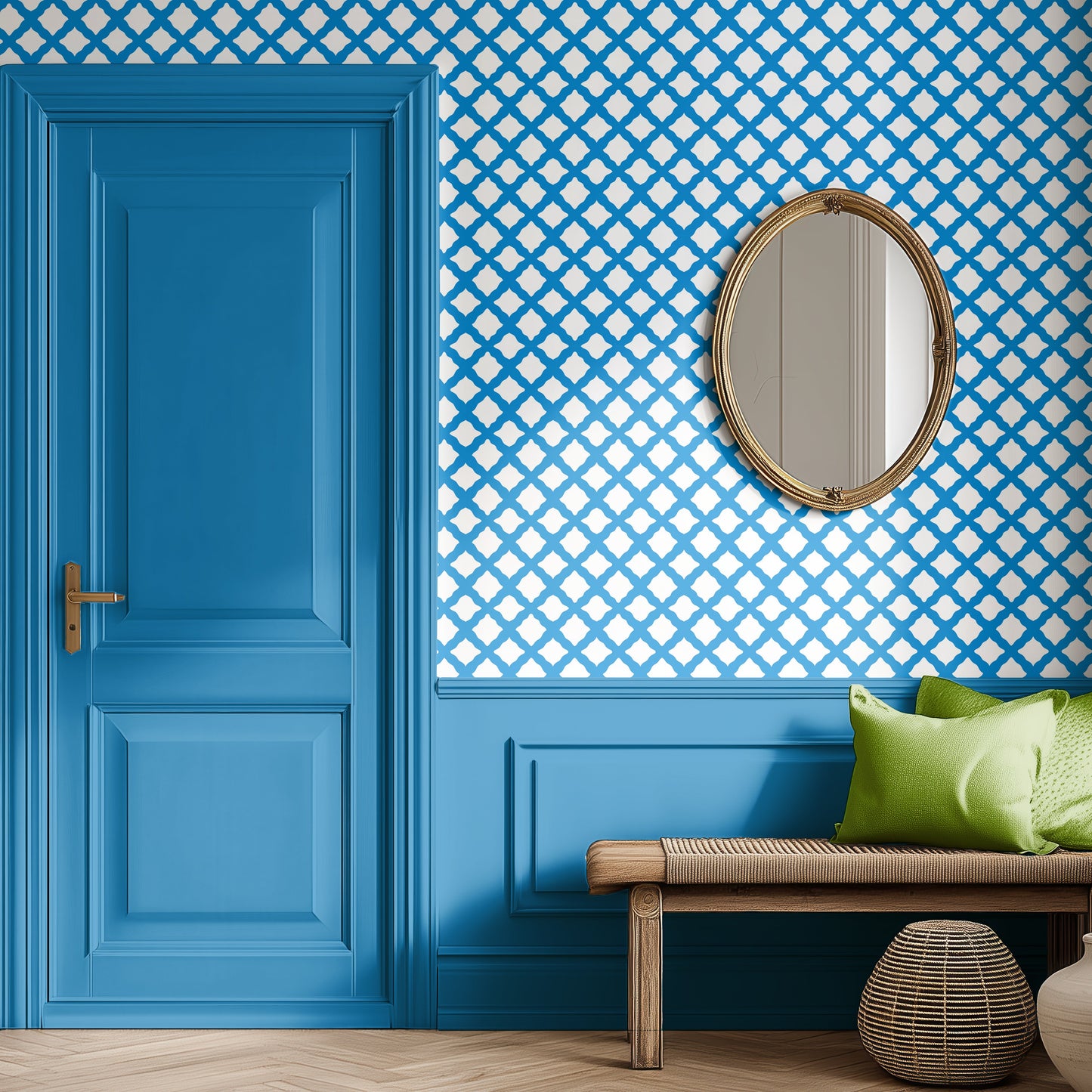 blue trellis wallpaper, lattice design, wavy wallpaper, elegant modern luxury wallpaper for hallway, best blue wallpaper